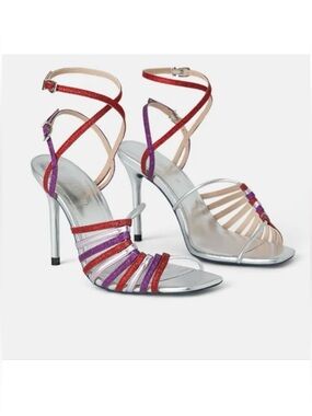 Zara Blue Collection Heeled Glitters Rhinestone leather Sandals
